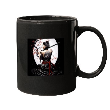 Discover Samurai Serenity: Woman with Sword Under Cherry Mugs