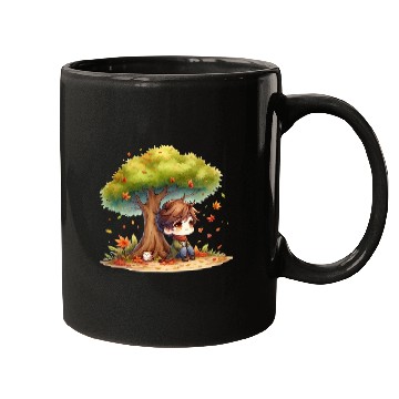Discover Autumn Serenity Chibi under a Maple Tree Mugs