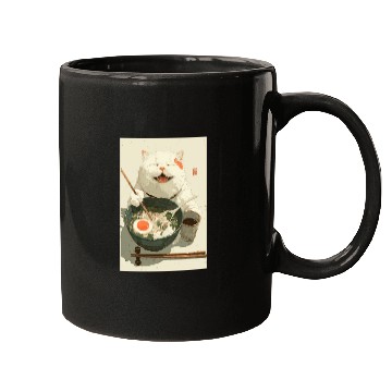 Discover Happy White Cat Eating Ramen Mugs