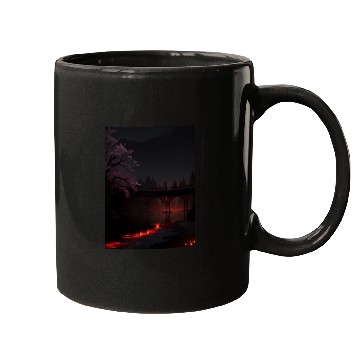 Discover Nighttime Bridge and Cherry Blossom Scene Mugs