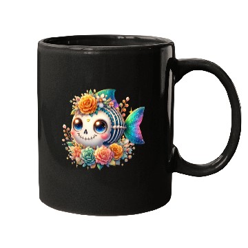 Discover Whimsical Skeleton Fish with Floral Crown Mugs