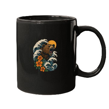 Discover Bear Surfer Wave with Hibiscus Flowers Mugs