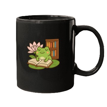 Discover Serene Frog Reading Book Under Lotus Mugs