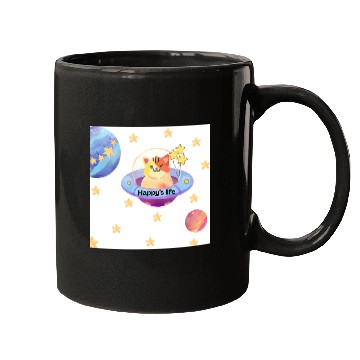 Discover Whimsical Cat in Space with Star Balloons Mugs