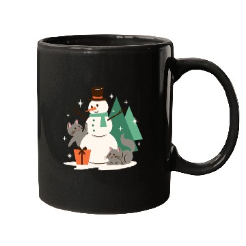 Discover Festive Snowman with Cats and Pine Trees Mugs