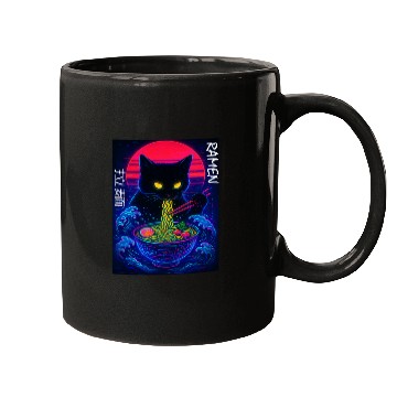 Discover Neon Black Cat Ramen Art Mugs