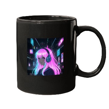 Discover Neon Cyber Girl Illustration Mugs