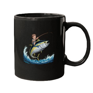Discover Joyful young boy rides massive jumping tuna Mugs