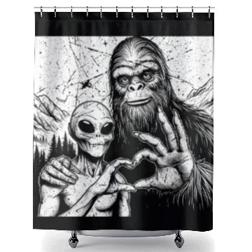 Discover Bigfoot and alien Sasquatch love hand sign Weird S Shower Curtains