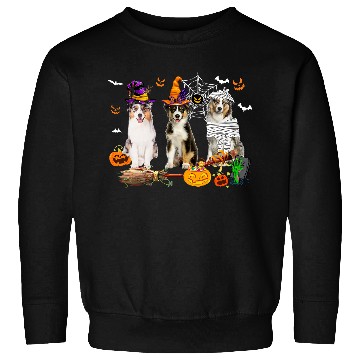 Discover Three Australian Shepherd Dogs Mummy Witch Scary Pumpkins Sweatshirts