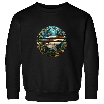 Discover Fishing Fun Retro circle stained glass great white shark ocean fishing Sweatshirts