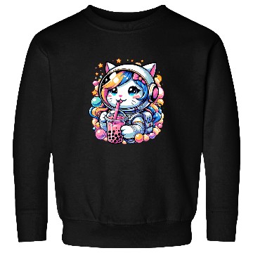 Discover Anime Cute Astronaut Cat In Space Drinking Bubble Boba Tea Sweatshirts