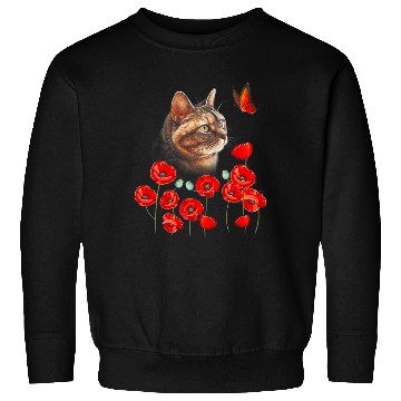 Discover Cat Kitten Butterfly Poppies Flower Spring Lover Sweatshirts