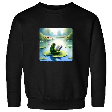 Discover Frog Reading Philosophy Book On Water Lily Pond Mirrored Sweatshirts