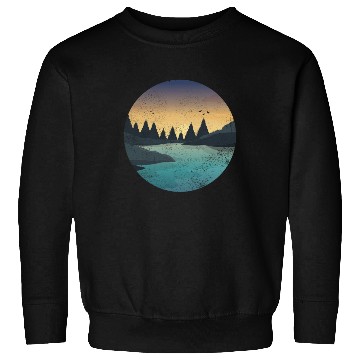 Discover Retro River With Forest And Birds In The Sunset Sweatshirts