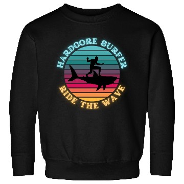 Discover Hardcore Shark Surfer Ride the Wave Sunset Neon Sweatshirts