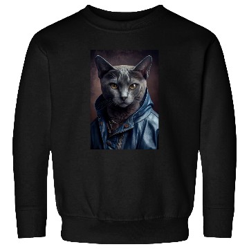 Discover Russian Blue Cat Breed Portrait wears a leather j Sweatshirts