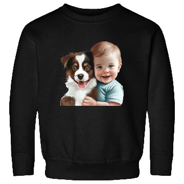 Discover Sweet baby smiling with lovely puppy Sweatshirts