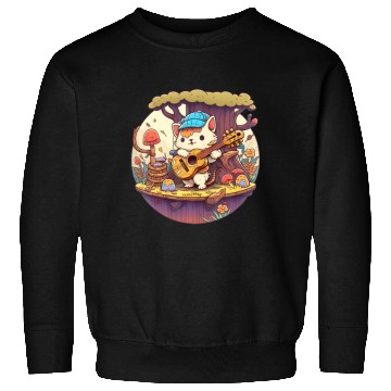 Discover Cute Kawaii Cat Playing Guitar Banjo On Log Sweatshirts