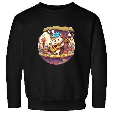 Discover Cute Kawaii Cat Playing Guitar Banjo On Log Sweatshirts