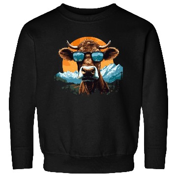 Discover A cow with sunglasses in the mountains Sweatshirts