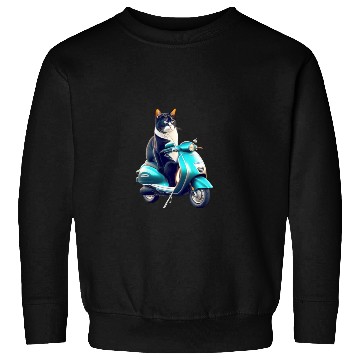Discover 3D cute funny black cat rides a blue motorcycle Sweatshirts