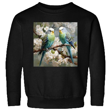 Discover Green and blue Parakeets with flowers Sweatshirts