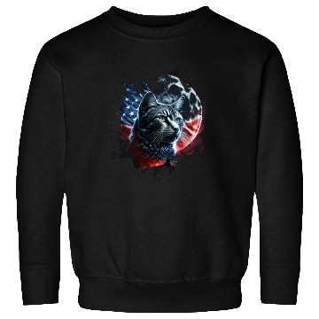 Discover America cat under Moon with American Flag Sweatshirts