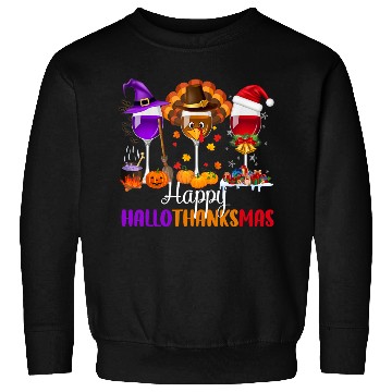 Discover Happy Hallothanksmas Wine Glasses Drinking Lover Sweatshirts
