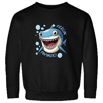 Discover Funny Happy Cartoon Shark Feelin Fin-Tastic Sweatshirts