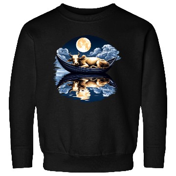 Discover Sleeping cow in boat under the moon Sweatshirts