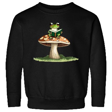 Discover Frog with a Book on Mushroom Sweatshirts