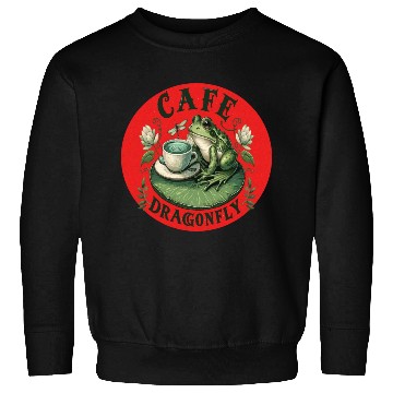 Discover Cafe Dragonfly: Whimsical Serene Frog on Lily Pad Sweatshirts