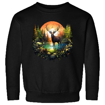 Discover Reindeer between trees river and nature Sweatshirts