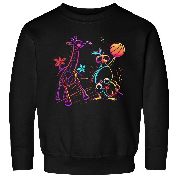 Discover Neon Showdown: Giraffe & Bird's Basketball Duel Sweatshirts