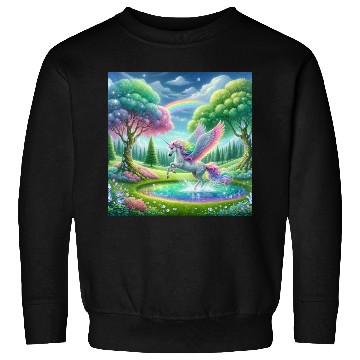 Discover Enchanted Rainbow Unicorn Over Sparkling Pond Sweatshirts