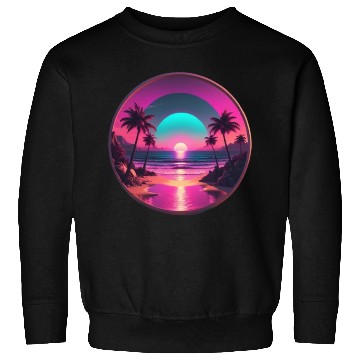 Discover Synthwave Beach Scene with Palm Trees and Sunset Sweatshirts
