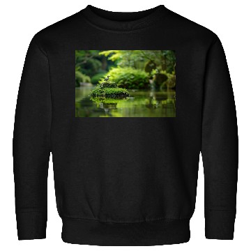 Discover Serene Pond with Bird on Mossy Rock Sweatshirts