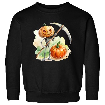 Discover Pumpkin headed skeleton wielding a menacing scythe Sweatshirts