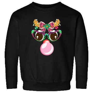 Discover Reindeer face Blowing Bubble coquette bow Xmas Sweatshirts