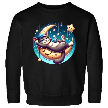 Discover Cute Cat Relaxing on Moon with Stars and Coffee Sweatshirts