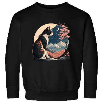 Discover Nighttime Serenity: Cat, Cherry Blossoms, Mountain Sweatshirts