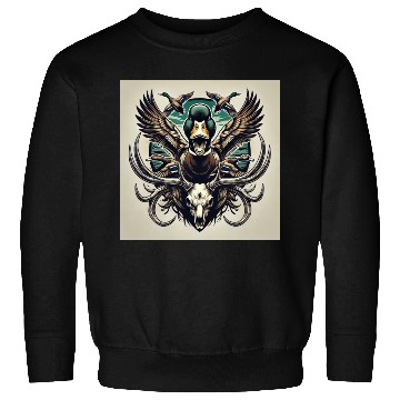 Discover Mallard duck flying over deer skull in marsh Sweatshirts
