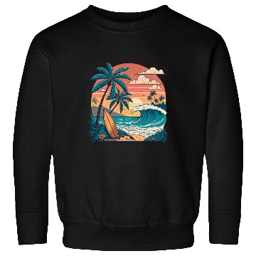 Discover Tropical Paradise Sunset Surfing and Palm Trees Sweatshirts