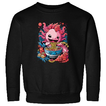 Discover Cute Axolotl Enjoying Bowl of Ramen in Vibrant Sweatshirts