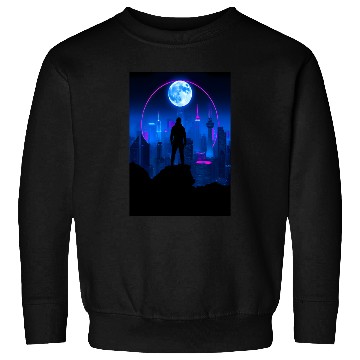 Discover Neon Futuristic Skyline with Glowing Moon Sweatshirts
