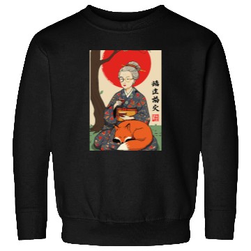 Discover Older japanese mom sippin tea sitting with red fox Sweatshirts