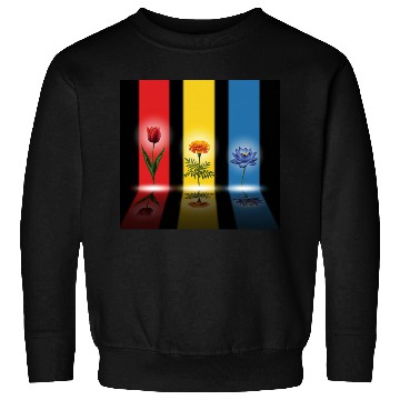 Discover Three Glowing Flowers: Red, Gold, Blue Harmony Sweatshirts