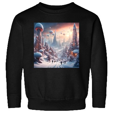 Discover Futuristic Snowy Cityscape with Floating Balloons Sweatshirts