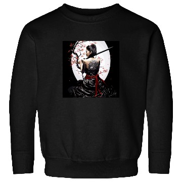 Discover Samurai Serenity: Woman with Sword Under Cherry Sweatshirts